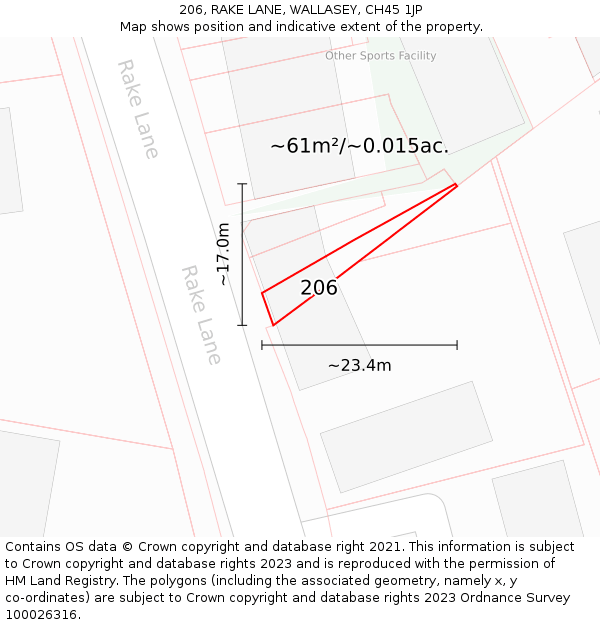206, RAKE LANE, WALLASEY, CH45 1JP: Plot and title map