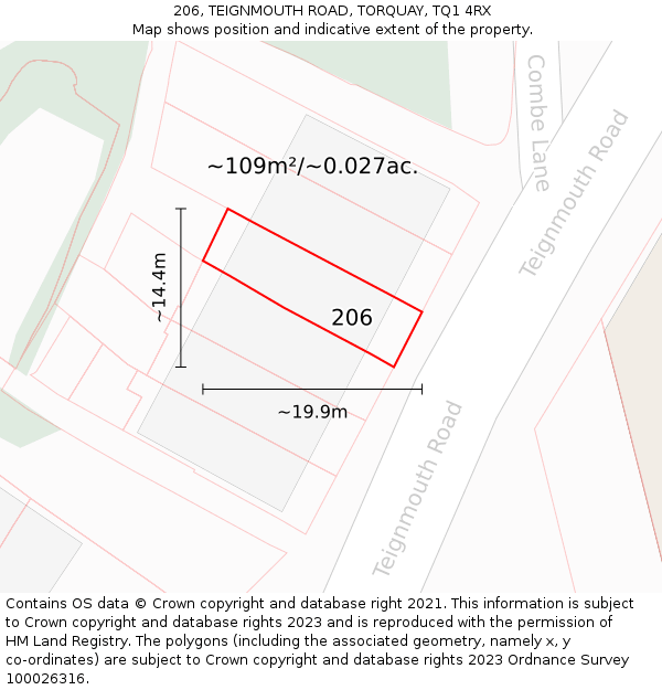 206, TEIGNMOUTH ROAD, TORQUAY, TQ1 4RX: Plot and title map