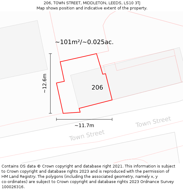 206, TOWN STREET, MIDDLETON, LEEDS, LS10 3TJ: Plot and title map