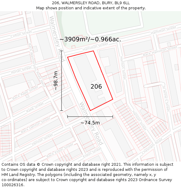 206, WALMERSLEY ROAD, BURY, BL9 6LL: Plot and title map