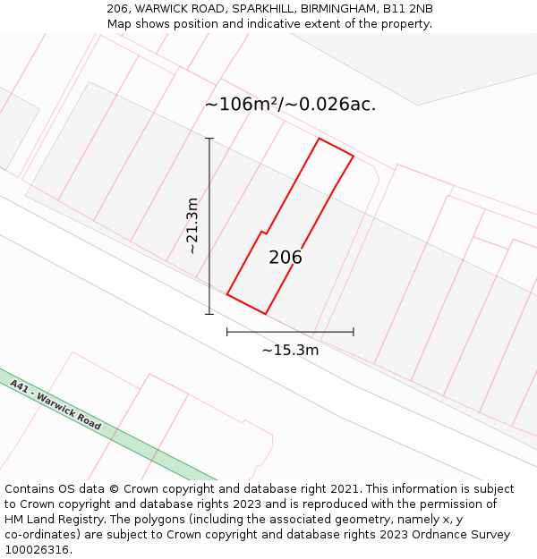 206, WARWICK ROAD, SPARKHILL, BIRMINGHAM, B11 2NB: Plot and title map