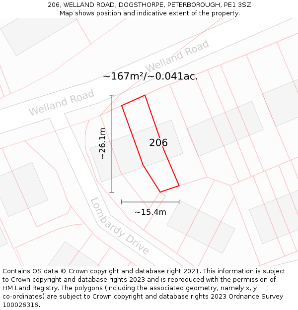 206, WELLAND ROAD, DOGSTHORPE, PETERBOROUGH, PE1 3SZ: Plot and title map