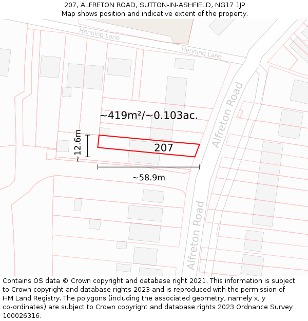 207, ALFRETON ROAD, SUTTON-IN-ASHFIELD, NG17 1JP: Plot and title map