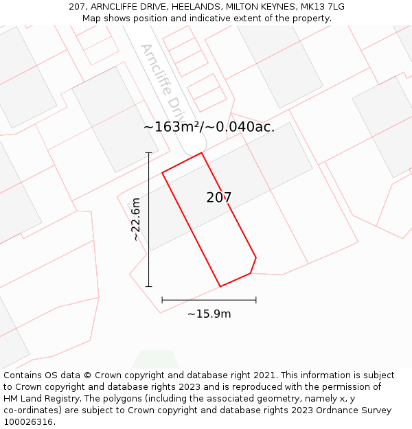 207, ARNCLIFFE DRIVE, HEELANDS, MILTON KEYNES, MK13 7LG: Plot and title map