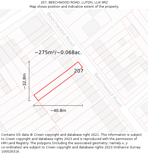 207, BEECHWOOD ROAD, LUTON, LU4 9RZ: Plot and title map
