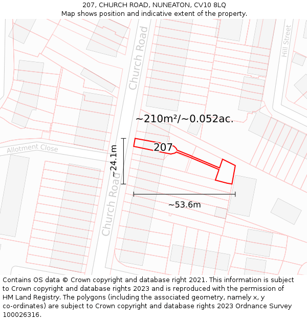 207, CHURCH ROAD, NUNEATON, CV10 8LQ: Plot and title map