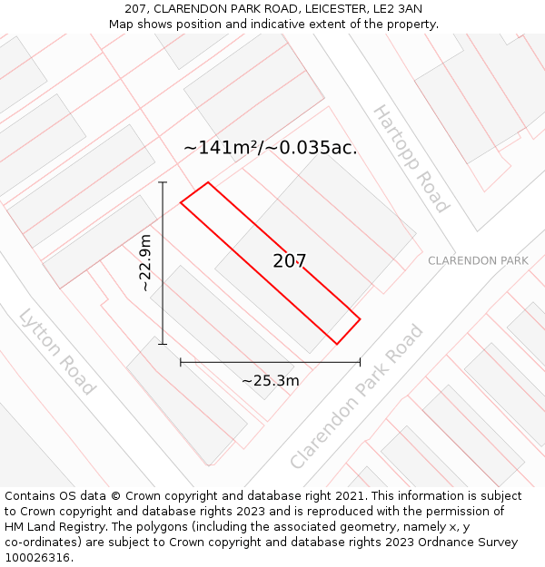 207, CLARENDON PARK ROAD, LEICESTER, LE2 3AN: Plot and title map