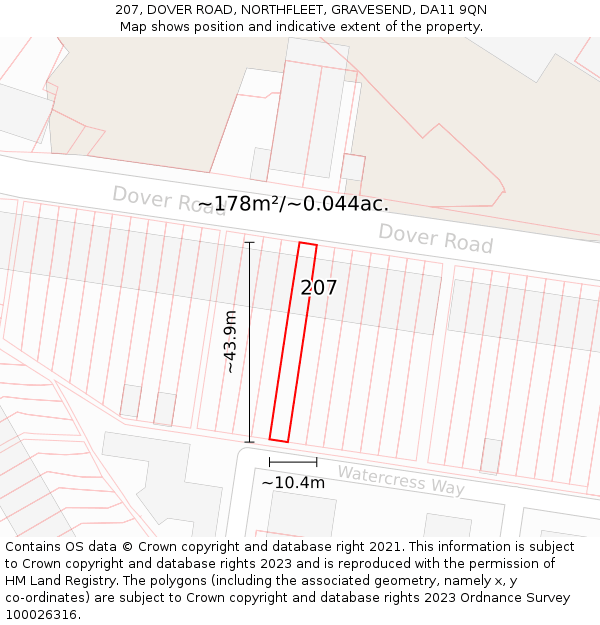 207, DOVER ROAD, NORTHFLEET, GRAVESEND, DA11 9QN: Plot and title map