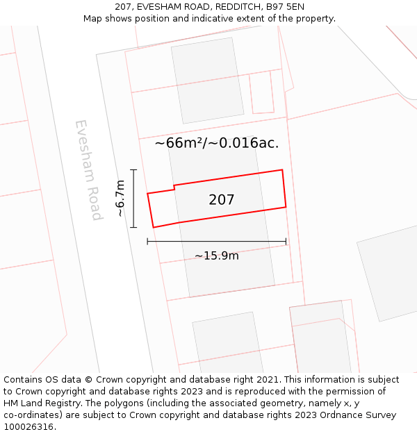 207, EVESHAM ROAD, REDDITCH, B97 5EN: Plot and title map