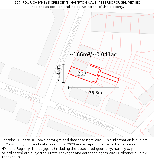 207, FOUR CHIMNEYS CRESCENT, HAMPTON VALE, PETERBOROUGH, PE7 8JQ: Plot and title map
