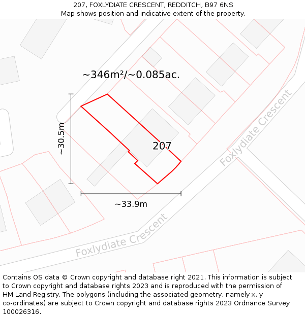 207, FOXLYDIATE CRESCENT, REDDITCH, B97 6NS: Plot and title map