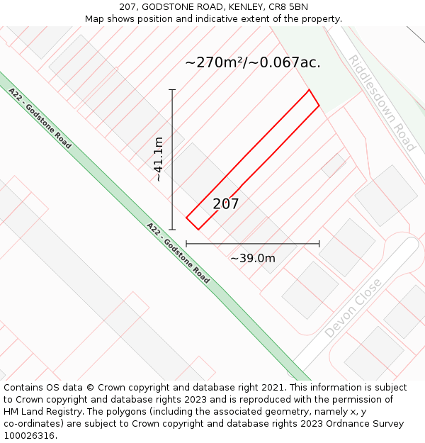 207, GODSTONE ROAD, KENLEY, CR8 5BN: Plot and title map