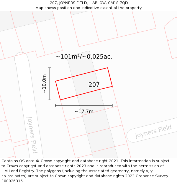 207, JOYNERS FIELD, HARLOW, CM18 7QD: Plot and title map