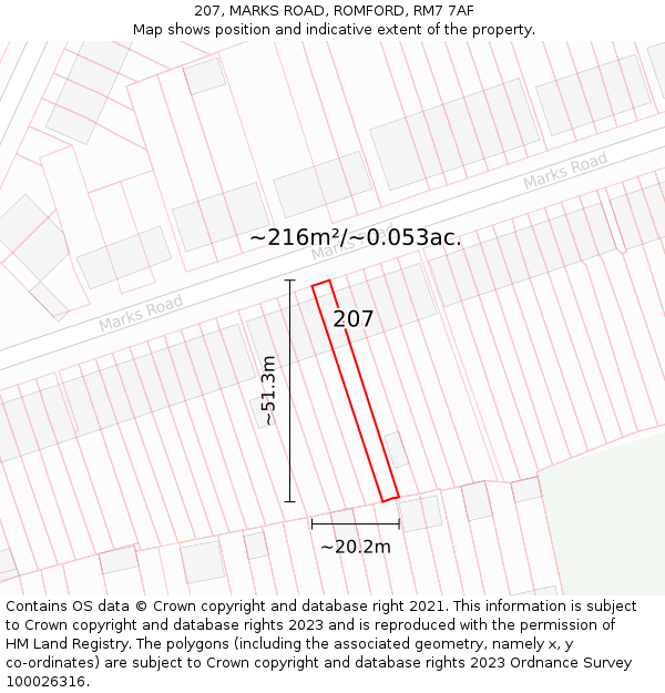 207, MARKS ROAD, ROMFORD, RM7 7AF: Plot and title map