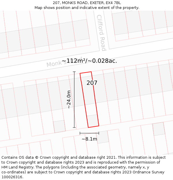 207, MONKS ROAD, EXETER, EX4 7BL: Plot and title map