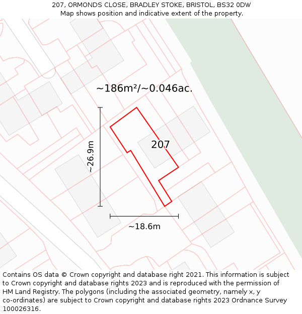 207, ORMONDS CLOSE, BRADLEY STOKE, BRISTOL, BS32 0DW: Plot and title map