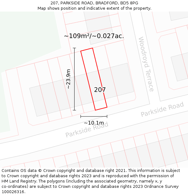 207, PARKSIDE ROAD, BRADFORD, BD5 8PG: Plot and title map