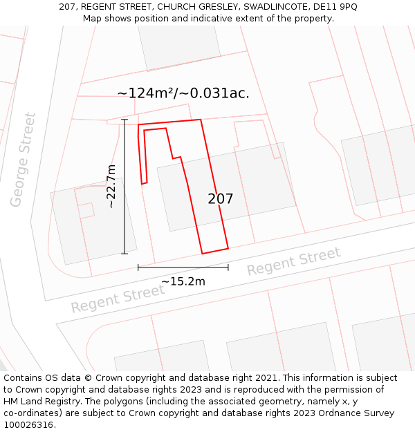207, REGENT STREET, CHURCH GRESLEY, SWADLINCOTE, DE11 9PQ: Plot and title map