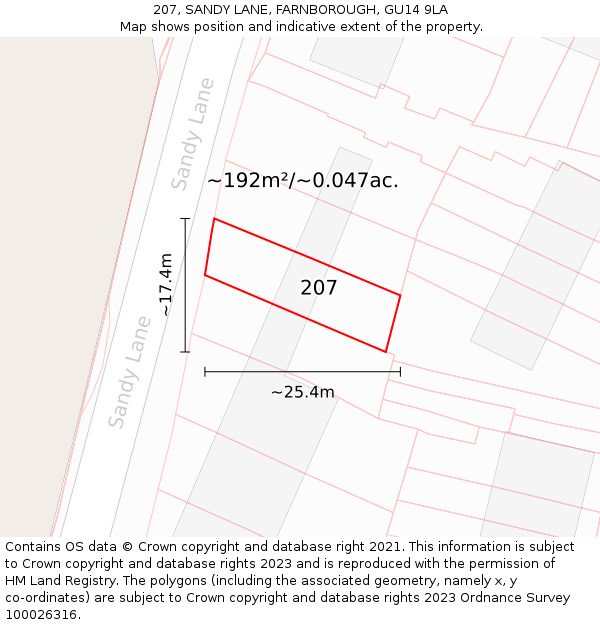 207, SANDY LANE, FARNBOROUGH, GU14 9LA: Plot and title map