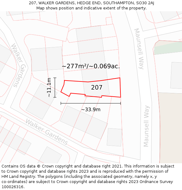 207, WALKER GARDENS, HEDGE END, SOUTHAMPTON, SO30 2AJ: Plot and title map