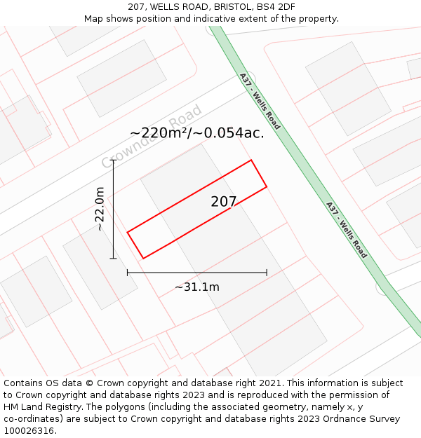 207, WELLS ROAD, BRISTOL, BS4 2DF: Plot and title map