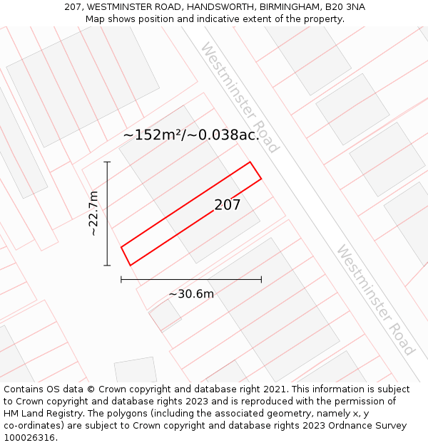 207, WESTMINSTER ROAD, HANDSWORTH, BIRMINGHAM, B20 3NA: Plot and title map