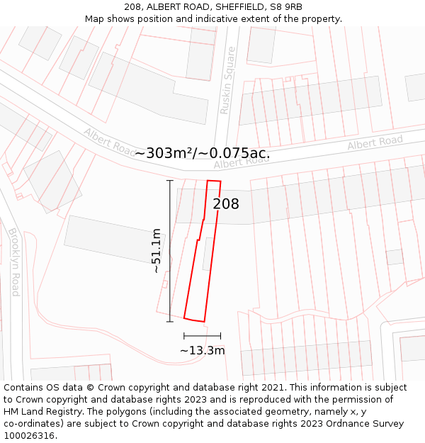 208, ALBERT ROAD, SHEFFIELD, S8 9RB: Plot and title map