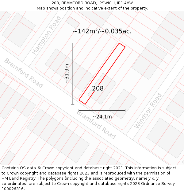 208, BRAMFORD ROAD, IPSWICH, IP1 4AW: Plot and title map