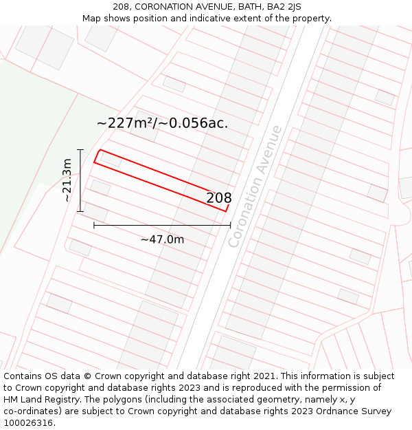 208, CORONATION AVENUE, BATH, BA2 2JS: Plot and title map
