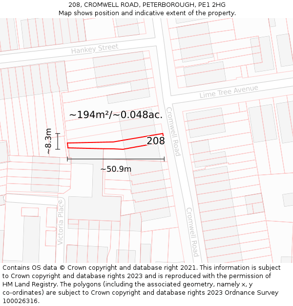 208, CROMWELL ROAD, PETERBOROUGH, PE1 2HG: Plot and title map