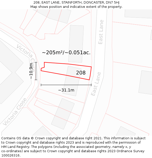 208, EAST LANE, STAINFORTH, DONCASTER, DN7 5HJ: Plot and title map