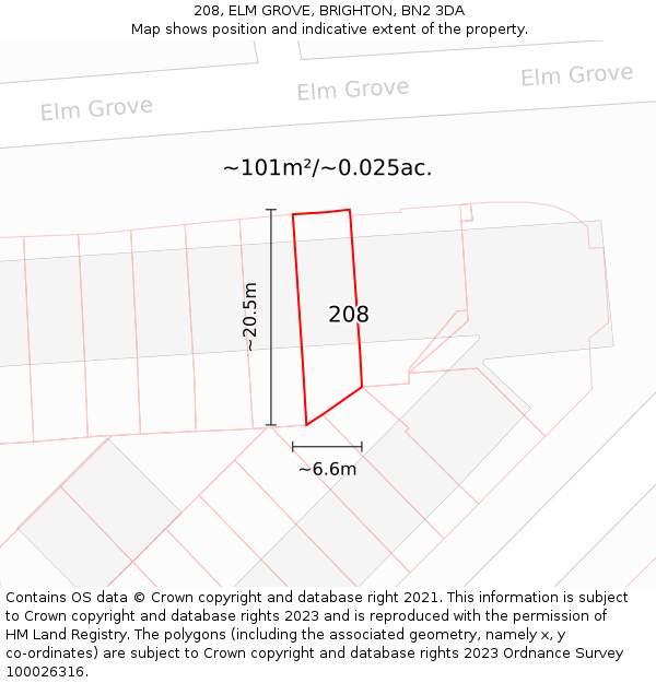 208, ELM GROVE, BRIGHTON, BN2 3DA: Plot and title map