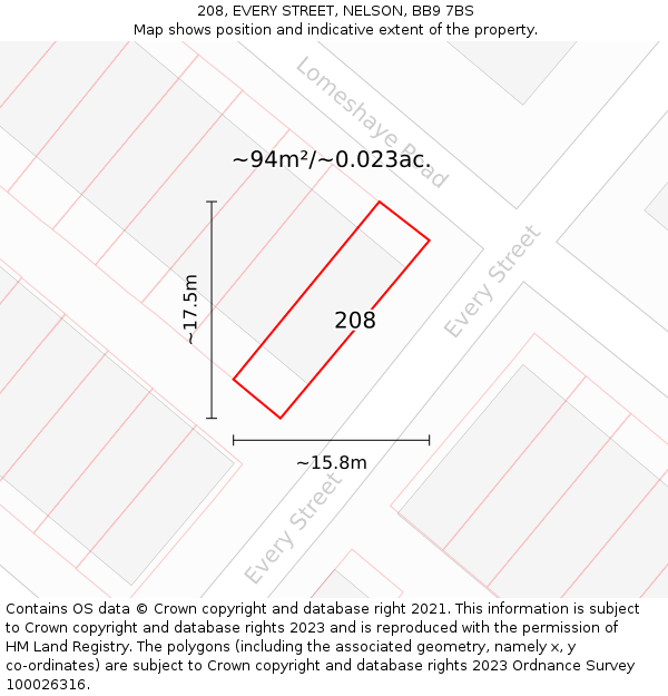 208, EVERY STREET, NELSON, BB9 7BS: Plot and title map