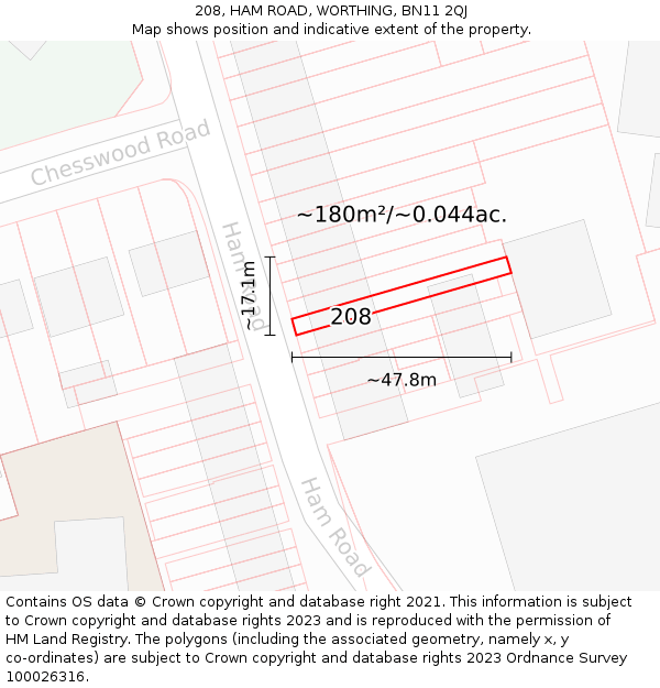 208, HAM ROAD, WORTHING, BN11 2QJ: Plot and title map