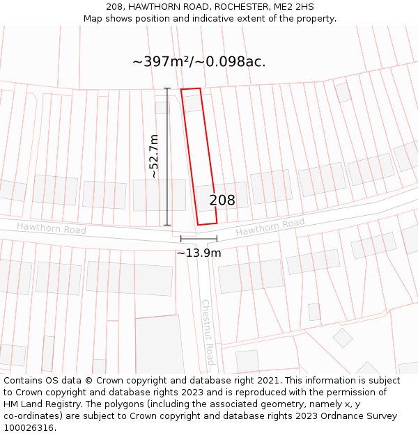 208, HAWTHORN ROAD, ROCHESTER, ME2 2HS: Plot and title map