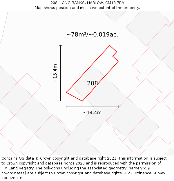 208, LONG BANKS, HARLOW, CM18 7PA: Plot and title map