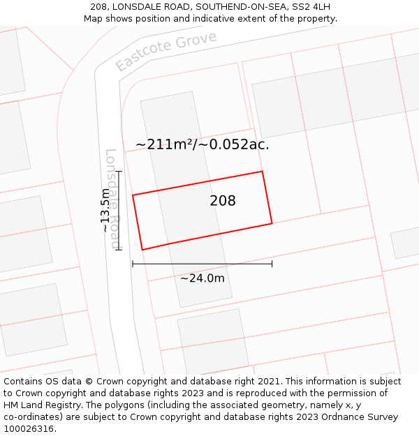 208, LONSDALE ROAD, SOUTHEND-ON-SEA, SS2 4LH: Plot and title map