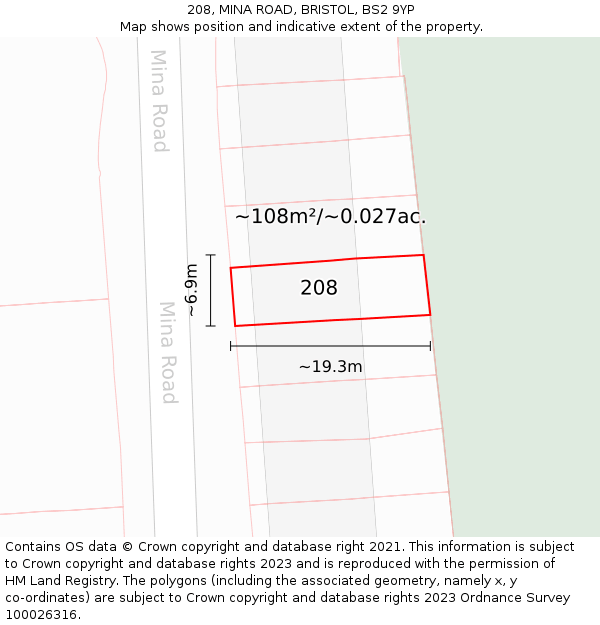 208, MINA ROAD, BRISTOL, BS2 9YP: Plot and title map