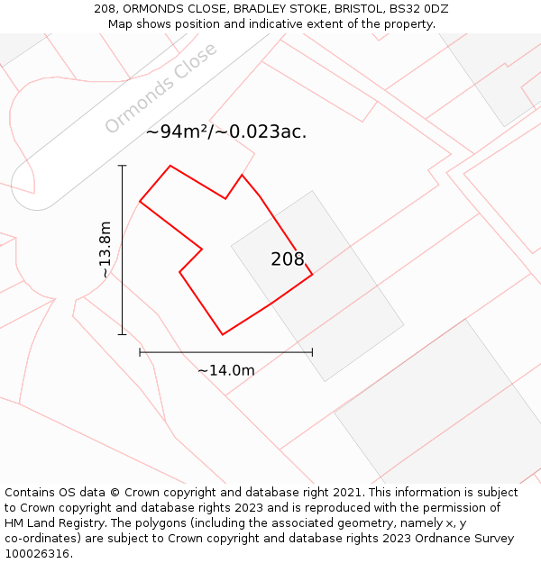 208, ORMONDS CLOSE, BRADLEY STOKE, BRISTOL, BS32 0DZ: Plot and title map