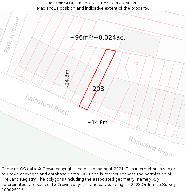 208, RAINSFORD ROAD, CHELMSFORD, CM1 2PD: Plot and title map