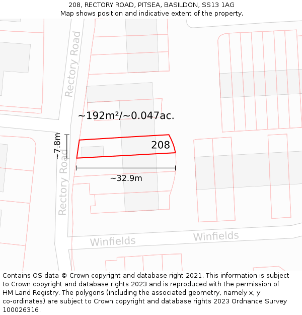208, RECTORY ROAD, PITSEA, BASILDON, SS13 1AG: Plot and title map