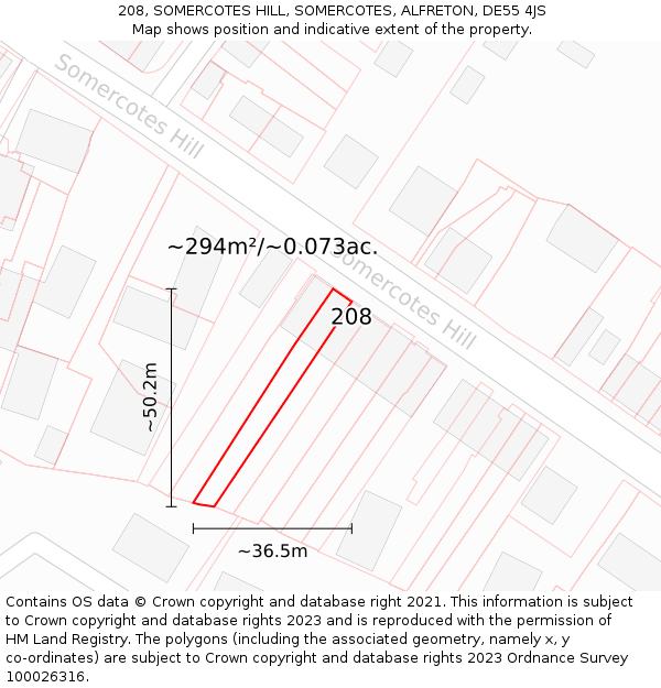 208, SOMERCOTES HILL, SOMERCOTES, ALFRETON, DE55 4JS: Plot and title map
