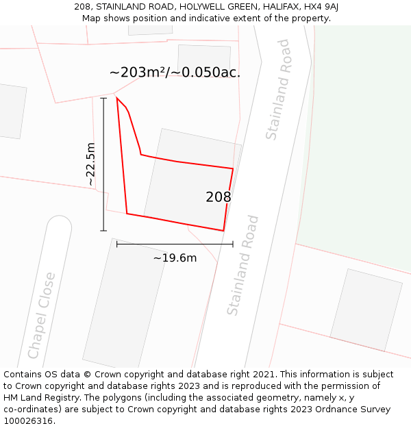 208, STAINLAND ROAD, HOLYWELL GREEN, HALIFAX, HX4 9AJ: Plot and title map