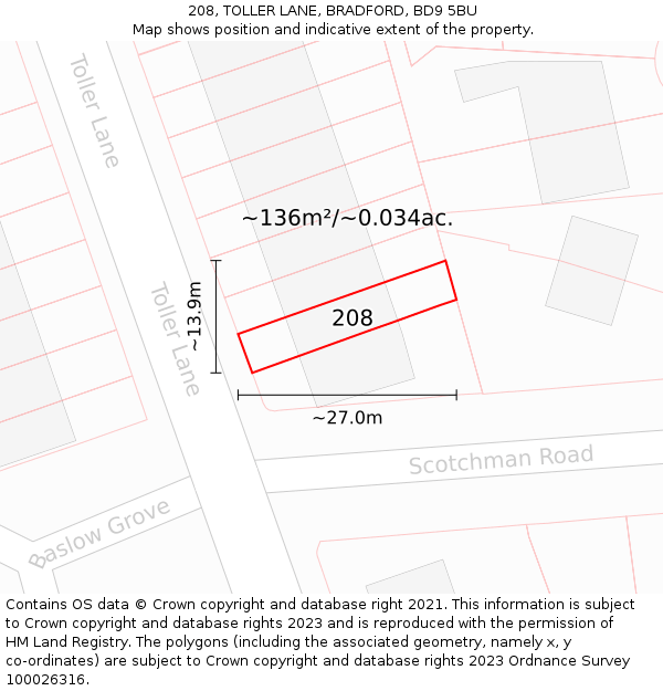208, TOLLER LANE, BRADFORD, BD9 5BU: Plot and title map