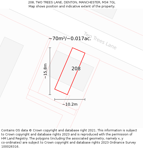 208, TWO TREES LANE, DENTON, MANCHESTER, M34 7GL: Plot and title map