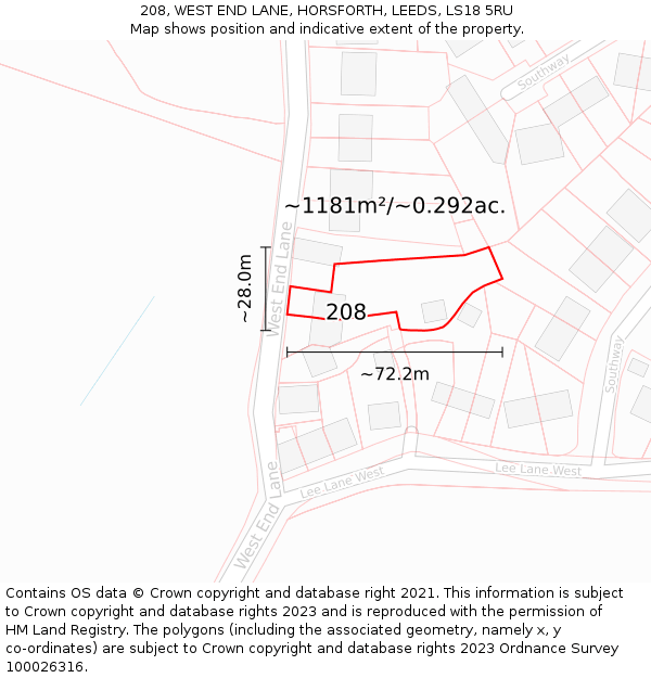 208, WEST END LANE, HORSFORTH, LEEDS, LS18 5RU: Plot and title map