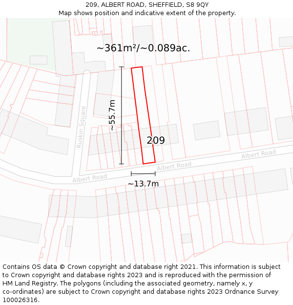 209, ALBERT ROAD, SHEFFIELD, S8 9QY: Plot and title map