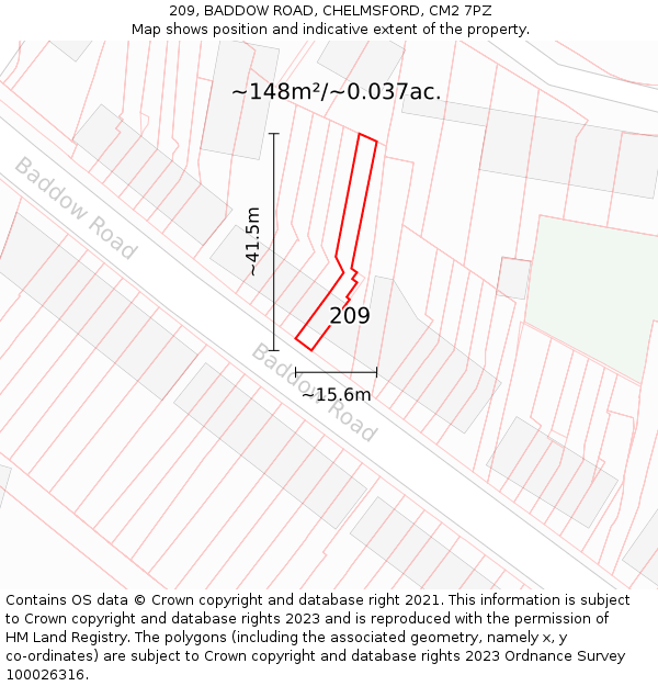 209, BADDOW ROAD, CHELMSFORD, CM2 7PZ: Plot and title map
