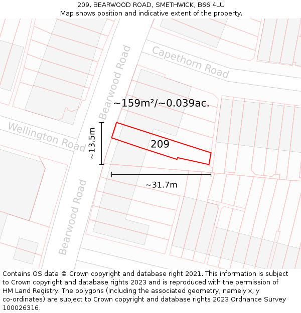 209, BEARWOOD ROAD, SMETHWICK, B66 4LU: Plot and title map