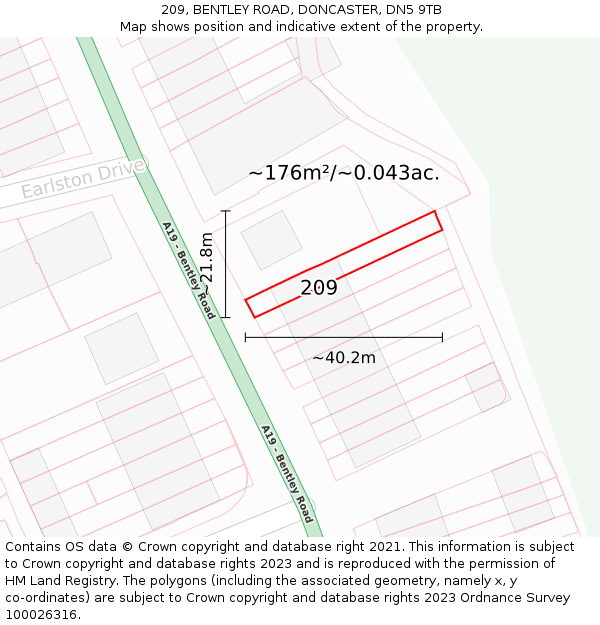 209, BENTLEY ROAD, DONCASTER, DN5 9TB: Plot and title map